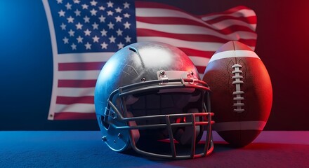 American football helmet and ball with usa flag in background under red and blue lights