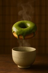 A floating matcha donut above a warm tea bowl with rising steam, Japanese minimal mood, soft light, and serene natural ambiance.
