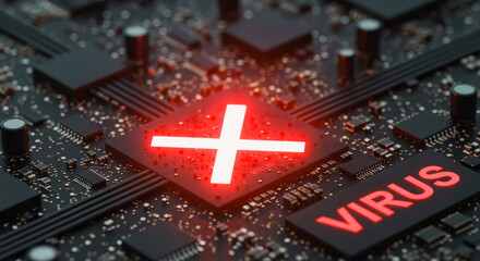 An ominous and intricate motherboard, illuminated with a stark, glowing cross and the word VIRUS, visually representing the critical concept of cyberthreat.