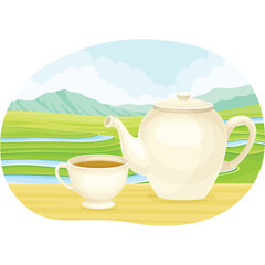 White Ceramic Teapot And Cup Of Tea On A Wooden Table With A Scenic Landscape Background And Cloudy Sky