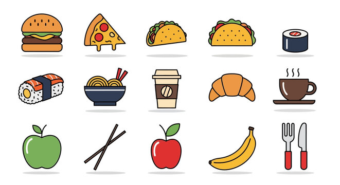 Set of colorful fast food icons vector illustration in flat design style perfect for menu design and restaurant websites - Powered by Adobe