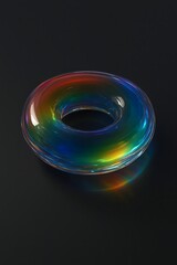 Ultra-clean transparent rainbow glass donut on matte black surface with ray-traced caustics, vivid color dispersion, and futuristic realism.
