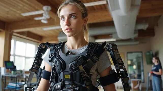 Empowered Mobility: A determined individual tests the advanced exoskeleton suit in a modern rehabilitation center, signifying technological innovation and the pursuit of human potential.