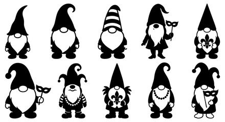 Mardi Gras Carnival Gnome Vector Silhouette Icons with Masks, Costumes, Beads, Festive Hats and Playful Parade Characters for Celebration Art