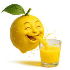 Surrealistic illustration: An anthropomorphic lemon pouring lemon juice from its mouth into a glass	