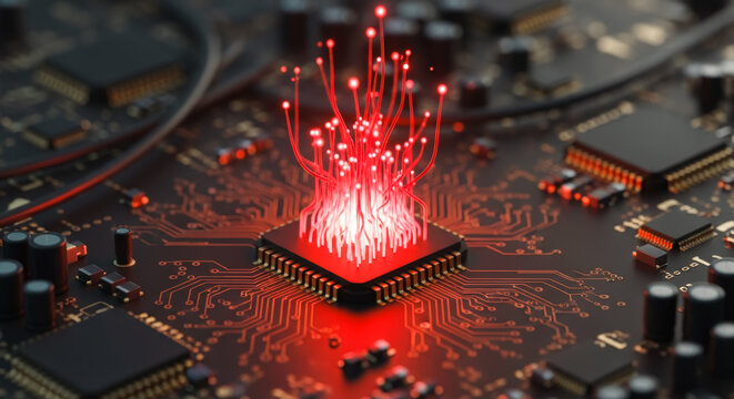 A glowing microchip and fiber optics, representing advanced technological progress and digital interconnectivity, creating an evocative image. - Powered by Adobe