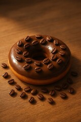 Realistic coffee-brown donut with mocha glaze and coffee beans on a warm café desk, soft sunlight, cozy morning mood, detailed texture.
