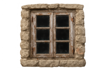 Old rustic window in stone frame with weathered wooden shutters, isolated on transparent background, vintage architecture details