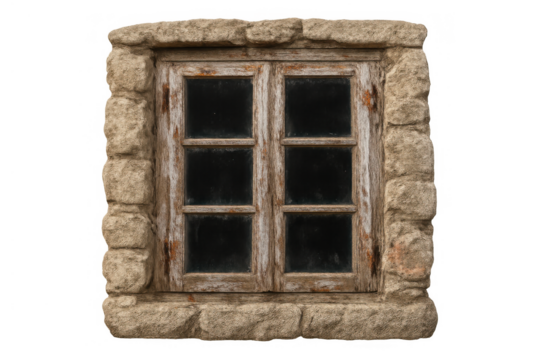 Old rustic window in stone frame with weathered wooden shutters, isolated on transparent background, vintage architecture details