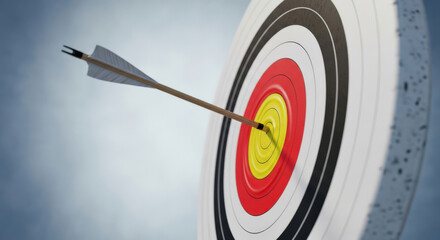 Arrow Piercing the Center of a Target, Illustrating Accuracy, Precision, and Goal Achievement in a High-Contrast Image Against a Soft Sky Background