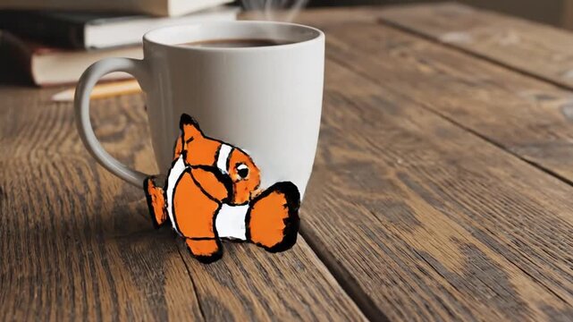 national doodle day animated clownfish swims across wooden table - Powered by Adobe