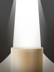 Minimal beige podium with dramatic spotlight and dark curved background for product display or presentation