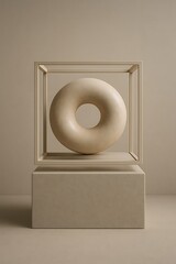Artistic donut sculpture inside a geometric 3D frame on matte stone block, soft gallery lighting, subtle shadows, and a refined museum-style mood.
