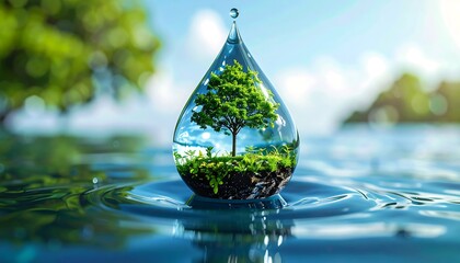 Water Drop Reflecting a Tree - A Symbol of Environmental Conservation.