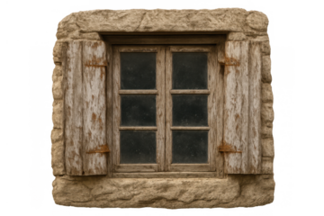 Old stone window frame with wooden shutters on transparent background. Weathered country house window details