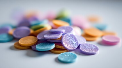 Naklejka premium Pile of colorful, sparkling, circular confectionery pieces scattered on a light surface