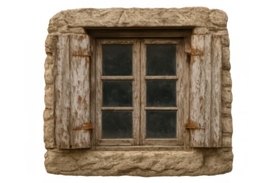 Old stone window frame with wooden shutters on transparent background. Weathered country house window details - Powered by Adobe