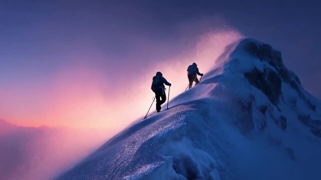 Summit Stride: Two figures conquer the world of snow-covered mountain peak at sunset, silhouetted against a dramatic sky.