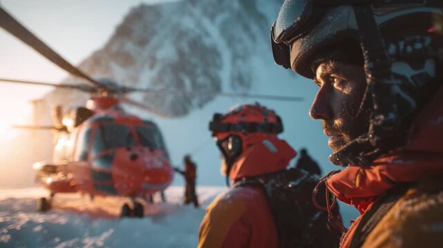 Rescue Team in Alpine Terrain: A group of dedicated rescuers, equipped with essential gear, stands prepared for action in a snow-covered mountain landscape, with a helicopter awaiting the mission.