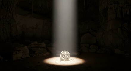 A mysterious stone artifact illuminated by a focused beam of light in a dark, cave-like environment creating a dramatic and intriguing atmosphere