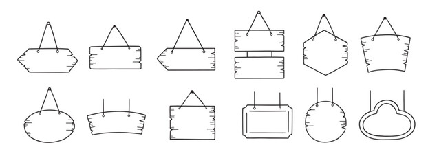  hand drawn set of wooden signboards doodle hanging door © Kilarr