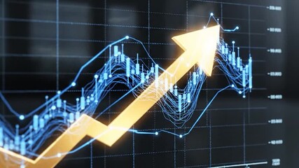 A digital visualization of financial data, featuring an upward arrow and fluctuating graphs - Powered by Adobe