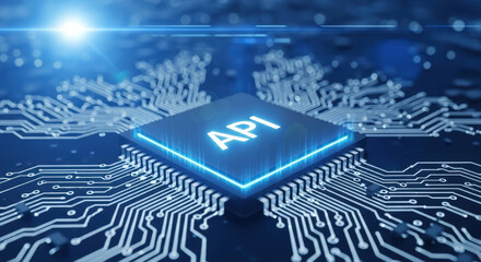 API Integration A Close-Up of a Microchip with the Letters API Representing Application Programming Interface, Software Development, and System Integration