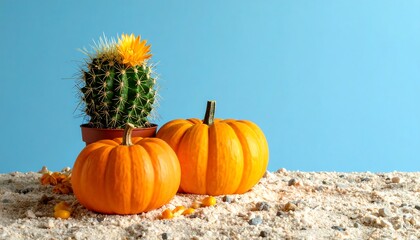 Autumnal Still Life - Pumpkins and Cactus Against a Blue Backdrop.
