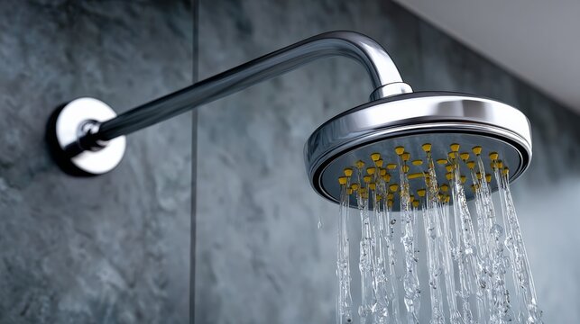 A shower head is spraying water in a bathroom. The water is coming out of the shower head in a steady stream