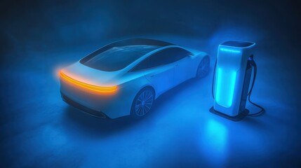 A power supply is connected to an electric vehicle in an urban setting, featuring illuminated charging infrastructure and a dark atmosphere.