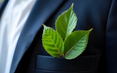 Sustainable business concept. A vibrant green leaf in a suit pocket. High quality