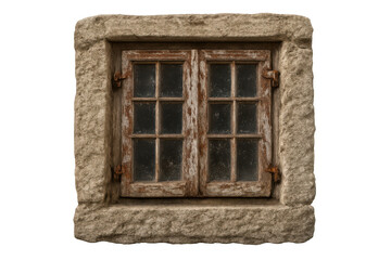 Old rustic window with weathered wooden shutters and natural stone frame, showing vintage architecture detail isolated