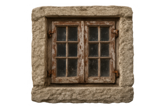 Old rustic window with weathered wooden shutters and natural stone frame, showing vintage architecture detail isolated