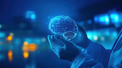 A hand holding a glowing human brain, symbolizing the fusion of intelligence and science in a futuristic setting