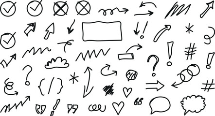 Collection of handdrawn black sketch elements including arrows, checkmarks, question marks, hashtags, and speech bubbles