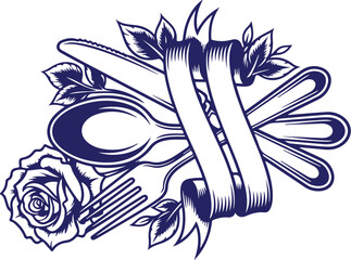 Vector art of vintage cutlery with rose and ribbon, restaurant logo element isolated on