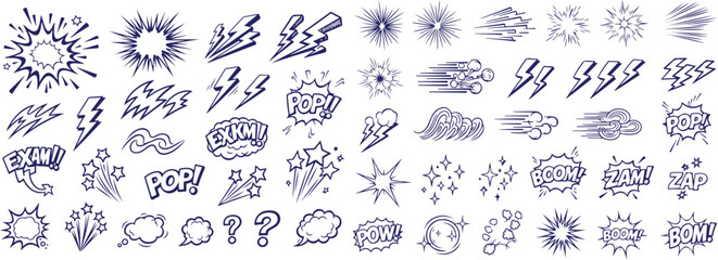 Vector art of set of comic book explosion and action sound effect doodles isolated on