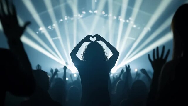 Crowd shows love at live concert with hands in heart shape