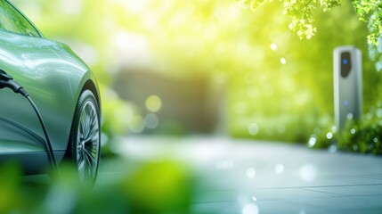 Electric vehicle charging station providing power supply to a hybrid car in a modern urban setting amidst lush greenery