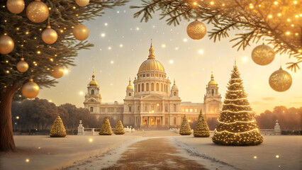 High-End Luxury Christmas Background with Grand Palace, Gold Dome, and Illuminated Trees