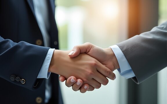 Handshake between a young entrepreneur and a mentor symbolic of business coaching and guidance. High quality