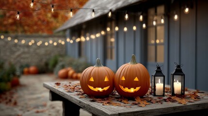 Two pumpkins with a smiley face on them sit on a table next to candles. The scene is set outside, with a blue building in the background. Scene is warm and inviting, with the pumpkins