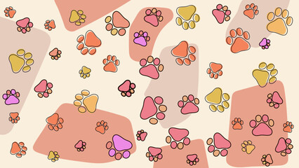 Vibrant background of multicolored cat paw prints scattered over an abstract cream background. Energetic and fun pattern perfect for pet product branding, cat care ads, or creative motion