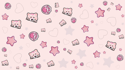 Playful background of smiling cat faces with star, dash love on a light pink backdrop. Bright and happy pattern background ideal for cat lover content, pet shop intros, or cheerful digital