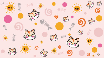 background seamless pattern featuring brown cat paws, fish bones, and geometric shapes on a warm orange pastel background. Cozy and playful background pattern design perfect for pet shop videos