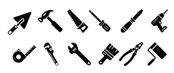 hand tool icons set solid black minimal silhouettes .
