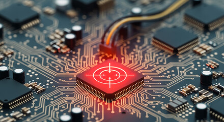A high-tech digital circuit board with a bold red target. The composition combines elements of both science and art to create an image that stimulates thought and provokes curiosity.