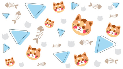 Bright white background pattern with cartoon cat faces, blue geometric shapes, and fishbone details. Modern and clean background pattern ideal for pet shop, cat food branding, or animal care