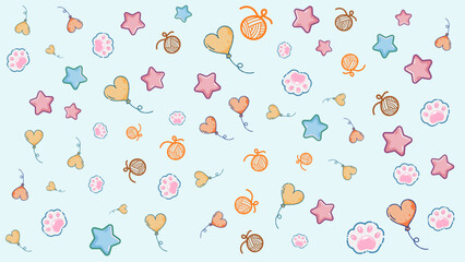 Pastel blue background pattern featuring cute cat faces, yarn balls, stars, hearts ballons, and paw icons. Light, fun, and dreamy design suitable for pet product promotions, cat petshop visuals