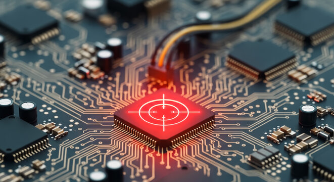 A high-tech digital circuit board with a bold red target. The composition combines elements of both science and art to create an image that stimulates thought and provokes curiosity.